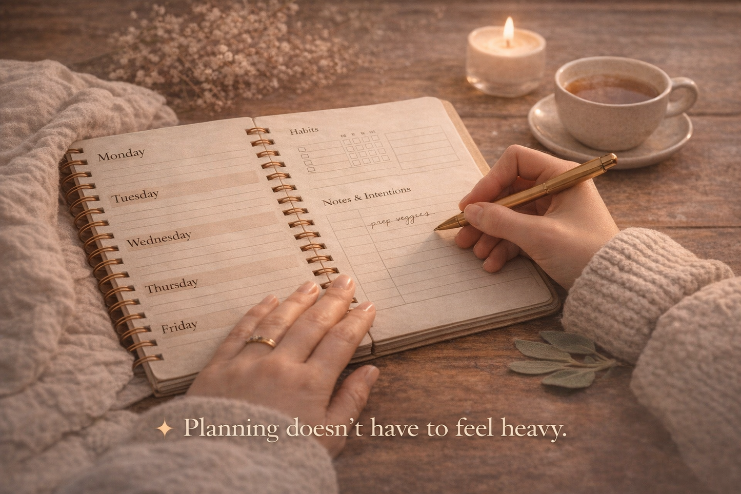 The Soft Life Weekly Reset Planner
Warm meals. Slow evenings. Zero stress.