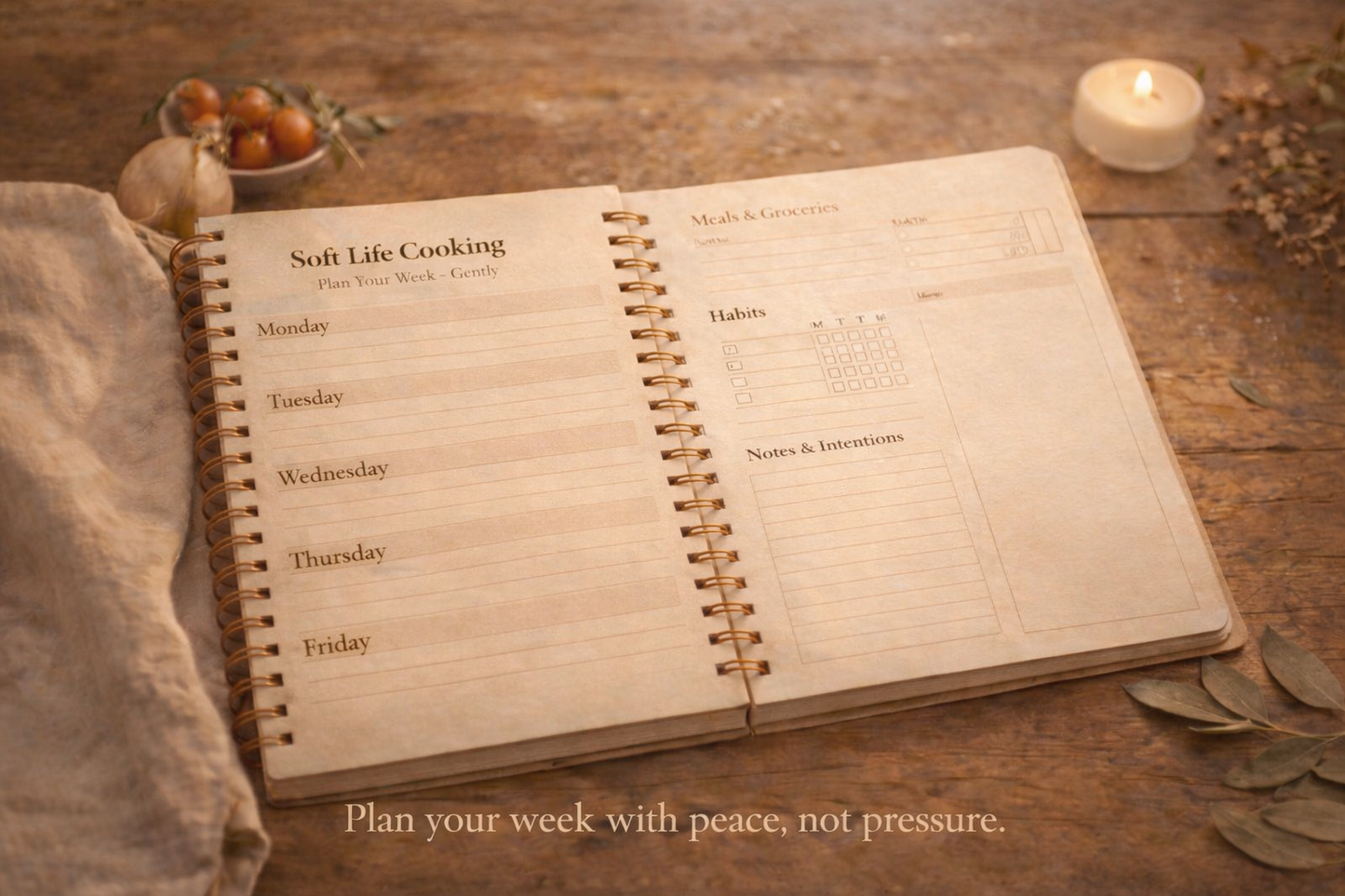 The Soft Life Weekly Reset Planner
Warm meals. Slow evenings. Zero stress.